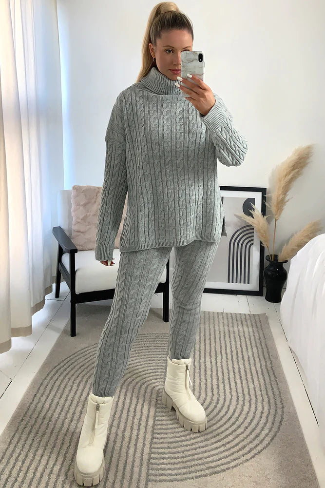 Grey Cable Knit Oversized Roll Neck Co-Ord