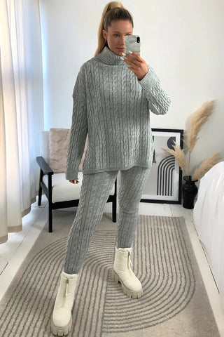 Grey Cable Knit Oversized Roll Neck Co-Ord