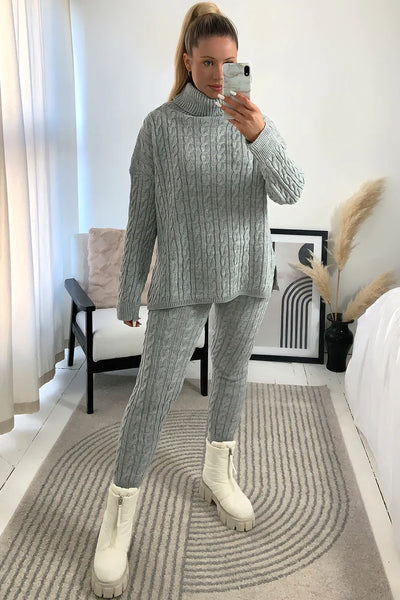 Grey Cable Knit Oversized Roll Neck Co-Ord