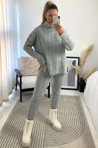 Grey Cable Knit Oversized Roll Neck Co-Ord