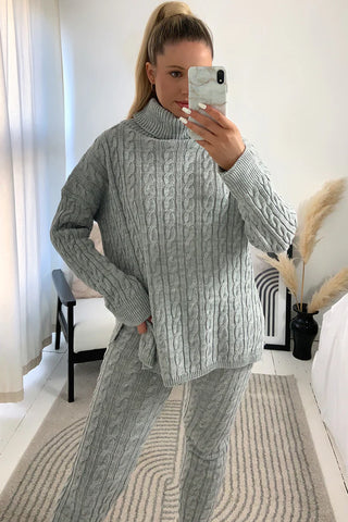 Grey Cable Knit Oversized Roll Neck Co-Ord