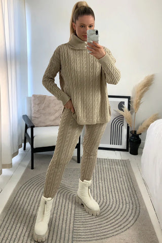 Beige Cable Knit Oversized Roll Neck Co-Ord