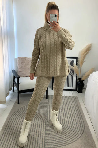 Beige Cable Knit Oversized Roll Neck Co-Ord