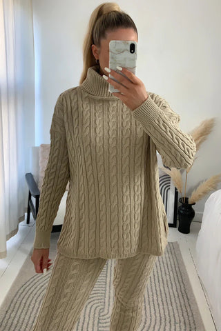 Beige Cable Knit Oversized Roll Neck Co-Ord