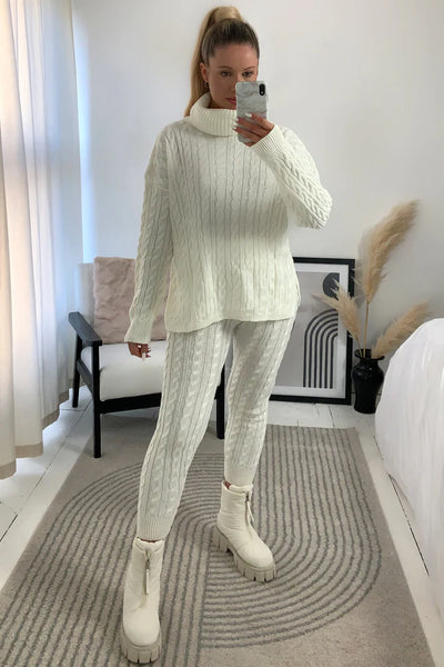 Cream Cable Knit Oversized Roll Neck Co-Ord