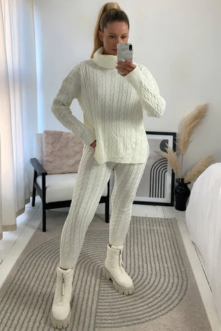 Cream Cable Knit Oversized Roll Neck Co-Ord