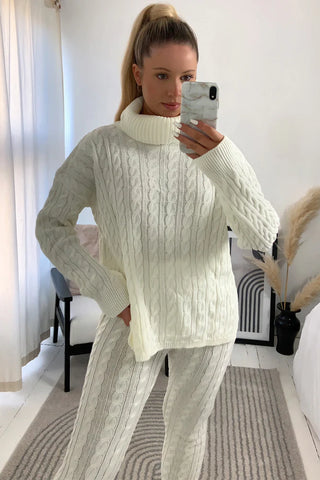 Cream Cable Knit Oversized Roll Neck Co-Ord