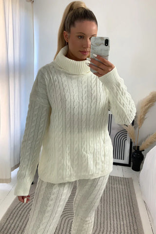 Cream Cable Knit Oversized Roll Neck Co-Ord