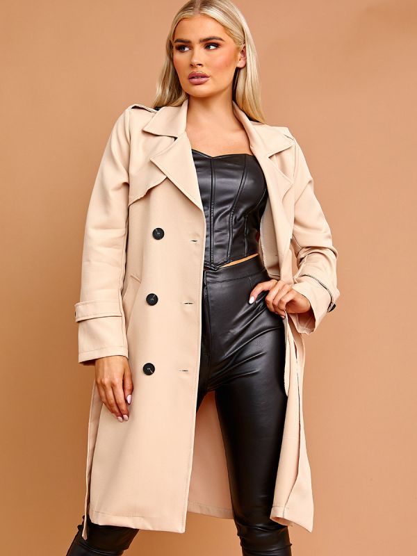 Panel Detail Belted Trench Coat In Stone