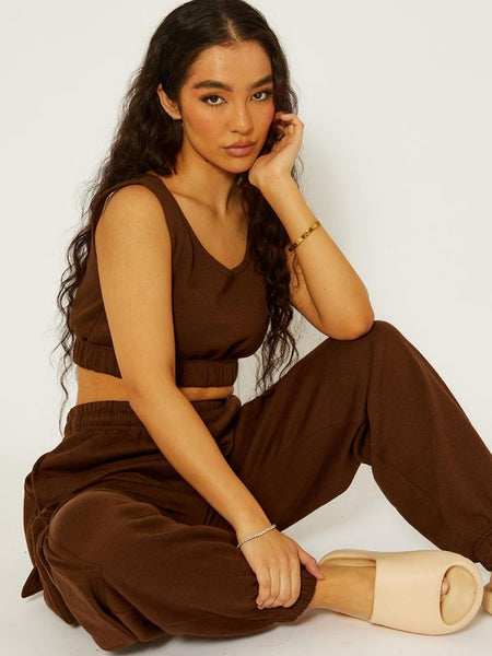 Fleeced Crop Top & Cargo Jogger Co-ord In Brown