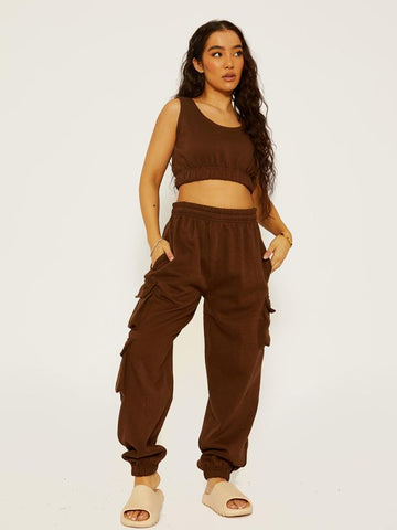 Fleeced Crop Top & Cargo Jogger Co-ord In Brown