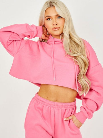 Raw Hem Cropped Hoodie & Jogger Fleece Co-ord In Fuchsia