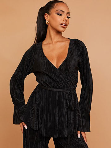 Pleated Wrap Front Peplum Top & Trouser Co-ord In Black