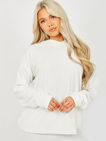 Towelling Hooded Top & Trouser Co-ord In Cream