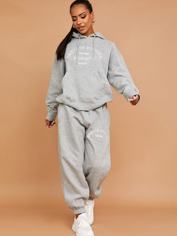 Embroidered French Riviera Hooded Fleece Co-ord In Grey