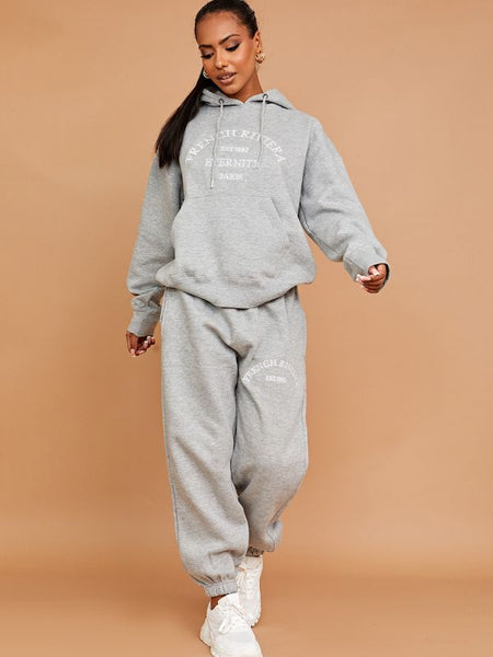 Embroidered French Riviera Hooded Fleece Co-ord In Grey