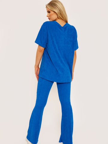 Towelling Fabric Oversized Top & Flare Trouser Co-ord In Royal