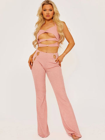 Jenna Ribbed Cut Out Detail Halter Crop Top and Trouser Co-ord In Rose