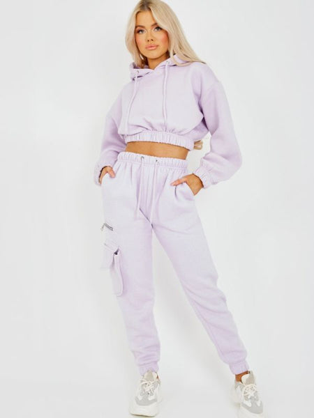Fleeced Cropped Hoodie & Jogger Co-ord In Lilac