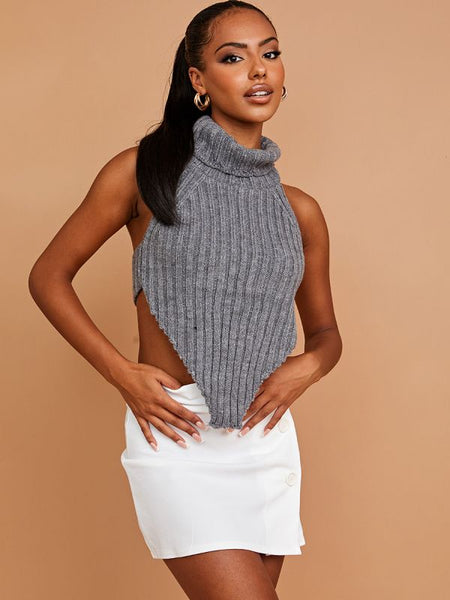 Halter Roll Neck Asymmetric Hem Knitted