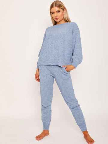 Fluffy Knitted Loungewear Set In Blue