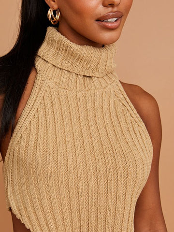 Halter Roll Neck Asymmetric Hem Knitted Crop Top In Stone