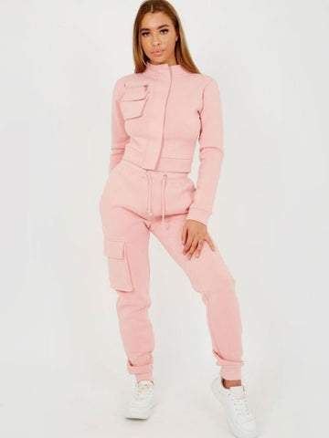 Utility Pocket Zipped Fleece Tracksuit In Pink