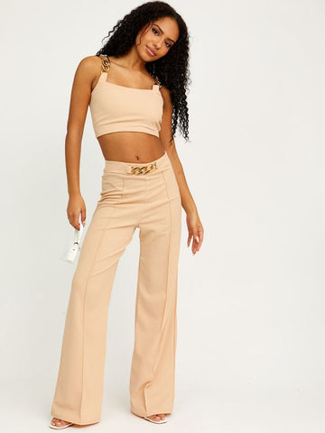 Chain Detail Crop Top & Trouser Co-ord Stone