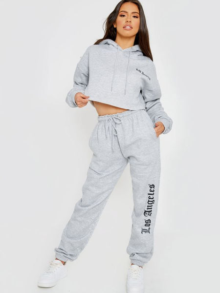 Los Angeles Cropped Hoodie & Jogger Fleece Co-ord In Grey