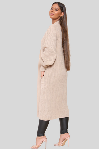 Beige Baloon Sleeve Knitted Cardigan