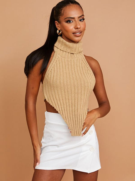 Halter Roll Neck Asymmetric Hem Knitted Crop Top In Stone