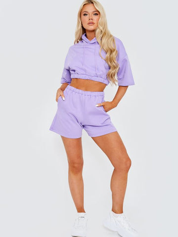 Cropped Hoodie & Shorts Fleece Co-ord In Lilac