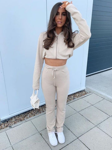Ribbed Zip Up Hoodie & Trouser Co-ord In Stone