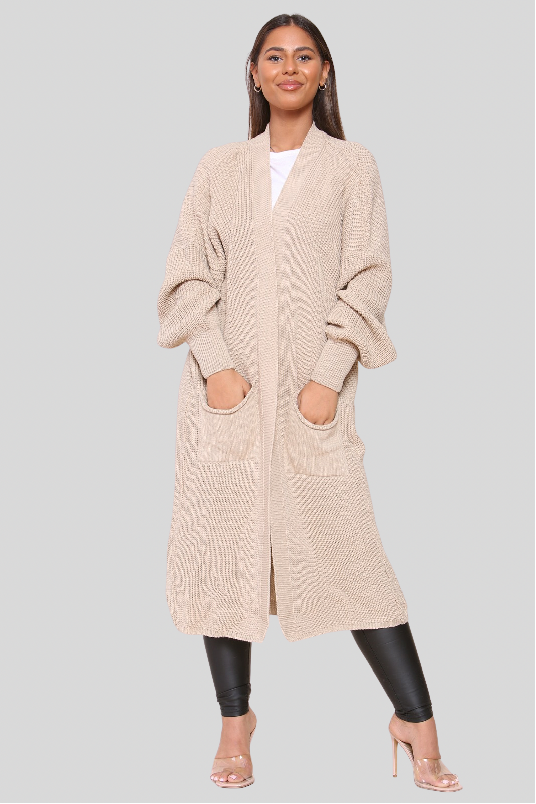 Beige Baloon Sleeve Knitted Cardigan