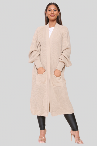 Beige Baloon Sleeve Knitted Cardigan
