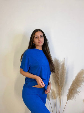 Towelling Fabric Oversized Top & Flare Trouser Co-ord In Royal