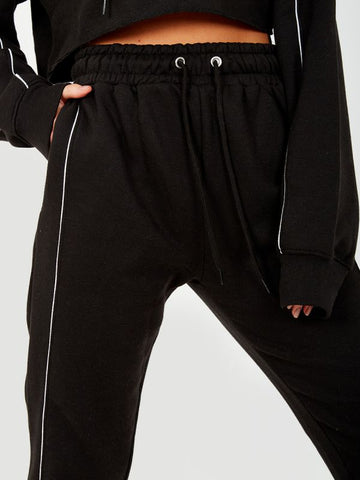 Piping Detail Cropped Hoodie & Jogger Co-ord In Black