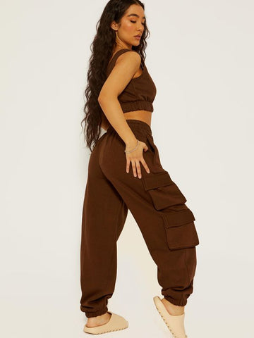 Fleeced Crop Top & Cargo Jogger Co-ord In Brown