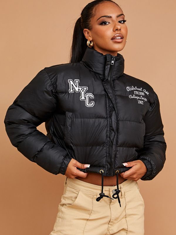 NYC Embroidered Cropped Puffer Jacket In Black