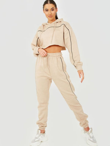 Piping Detail Cropped Hoodie & Jogger Co-ord In Stone