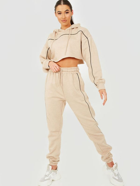 Piping Detail Cropped Hoodie & Jogger Co-ord In Stone