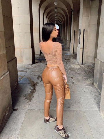High Waist PU Trouser Camel