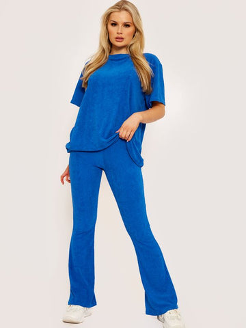 Towelling Fabric Oversized Top & Flare Trouser Co-ord In Royal