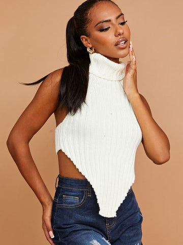 Halter Roll Neck Asymmetric Hem Knitted Crop Top In Cream
