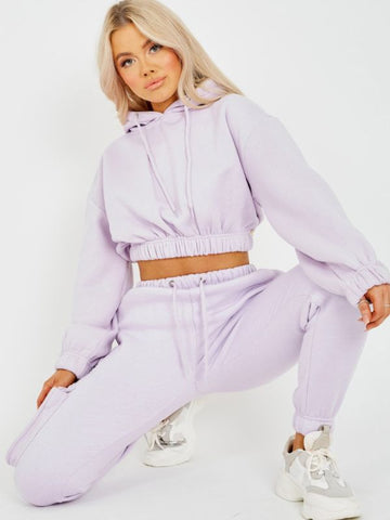 Fleeced Cropped Hoodie & Jogger Co-ord In Lilac