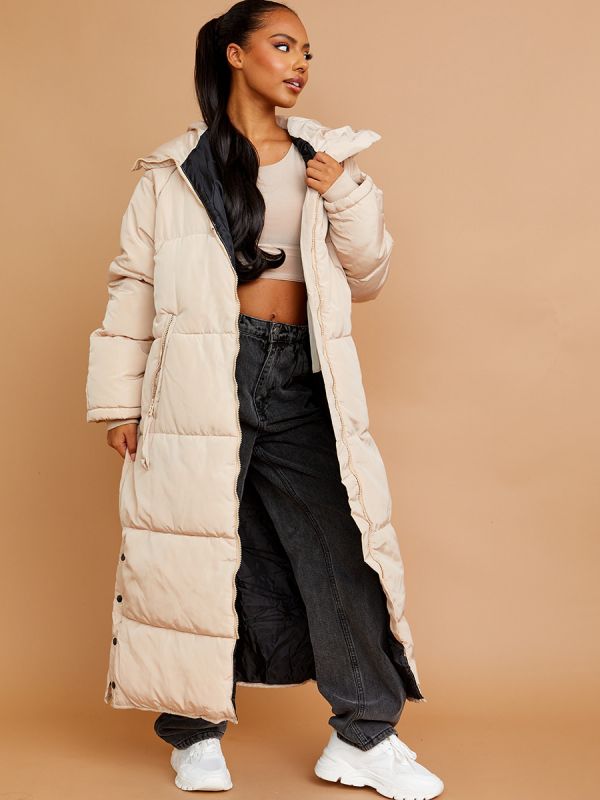 Longline Quilted Hooded Coat with Button Detail In Stone