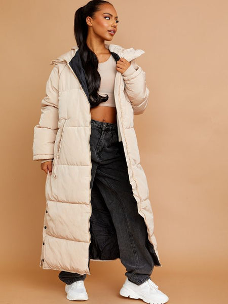 Longline Quilted Hooded Coat with Button Detail In Stone