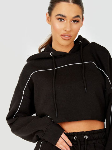 Piping Detail Cropped Hoodie & Jogger Co-ord In Black