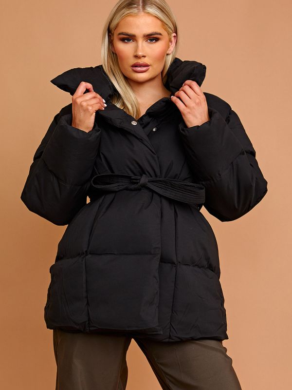 Oversized Padded Jacket With Belt In Black