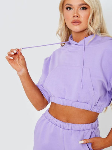 Cropped Hoodie & Shorts Fleece Co-ord In Lilac